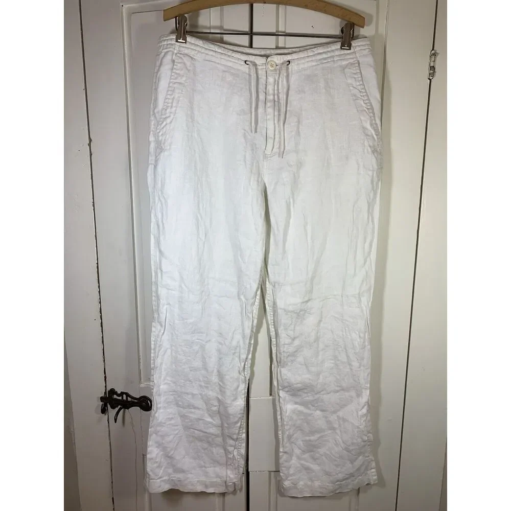 H&M‎ LOGG White Linen Blend Pants Women 33x29 Beachy Wedding Bride Resort Cruise